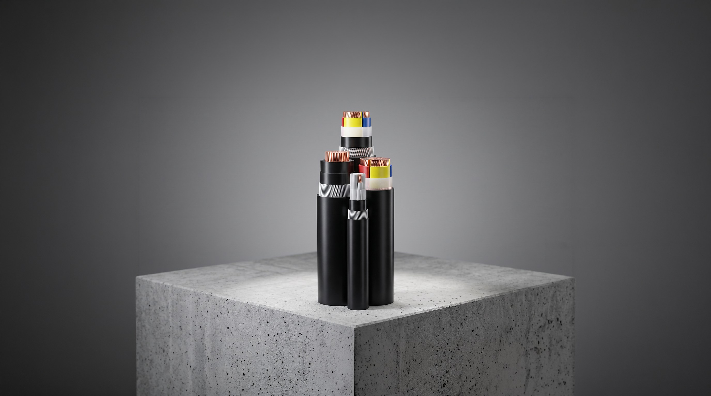 Cut sections of armoured power cables showing copper cores, insulation and steel armour, on a concrete plinth
