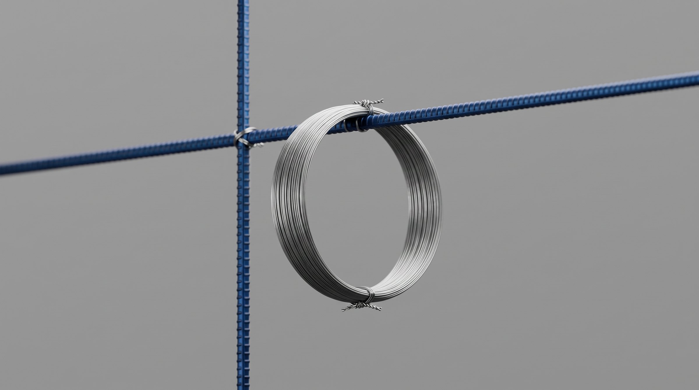 Coil of binding wire hanging on blue rebar