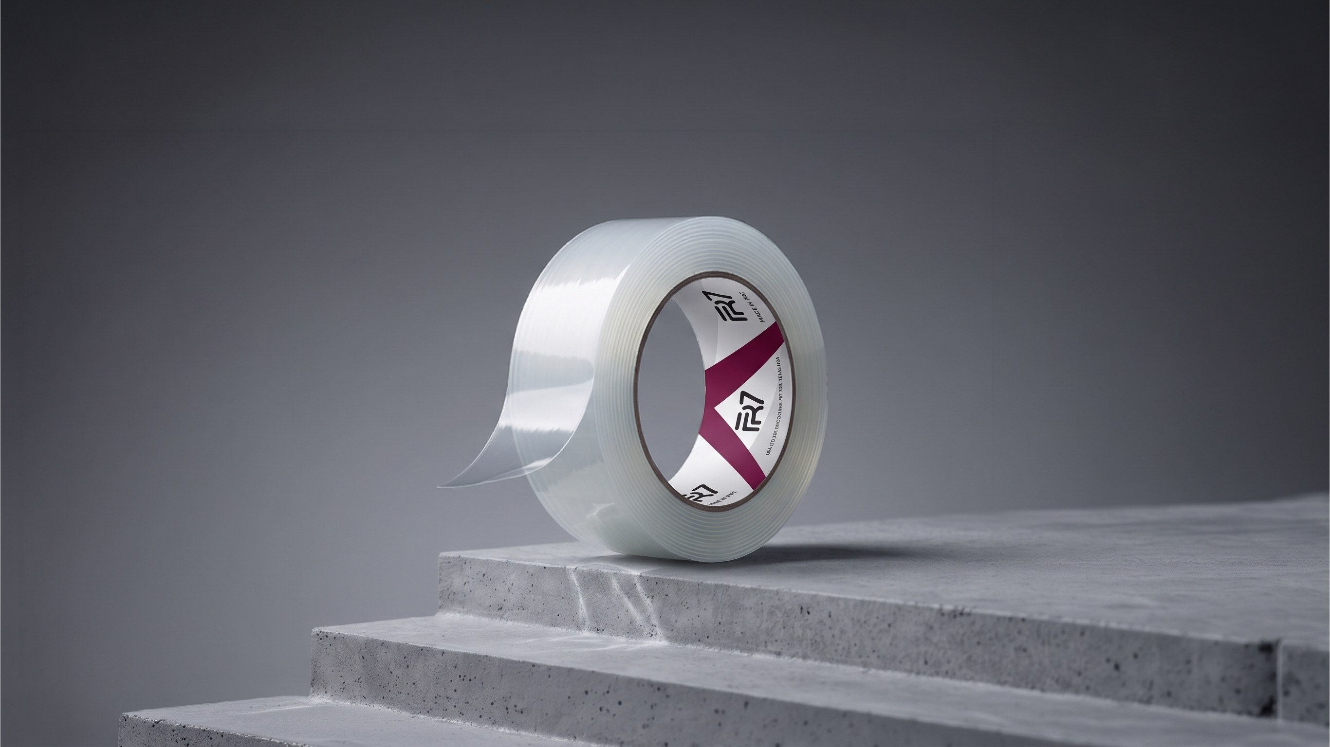 FR7 clear tape roll with a loose end, standing on a concrete step