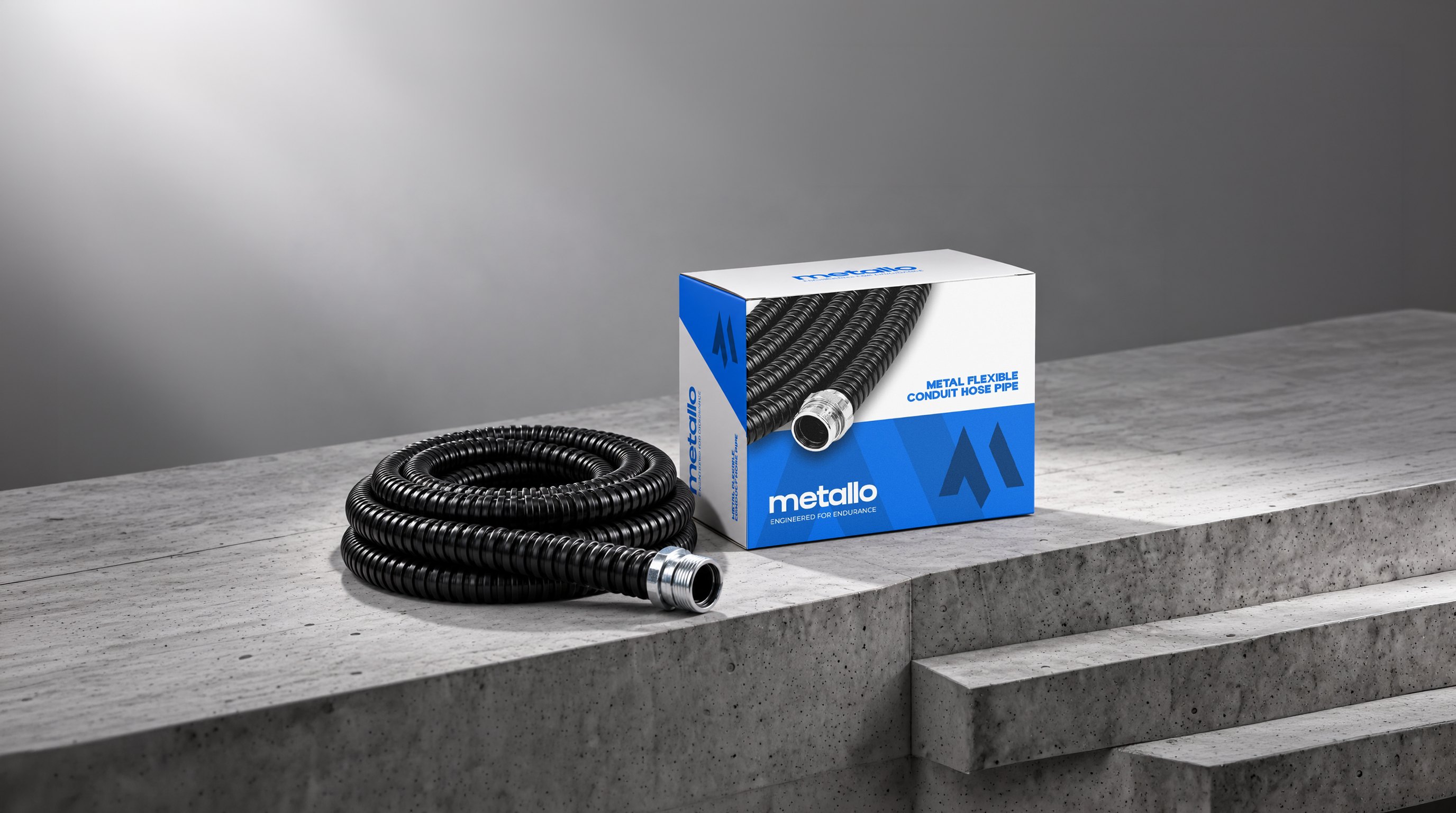 Coil of Metallo flexible metal conduit beside its box on a concrete ledge