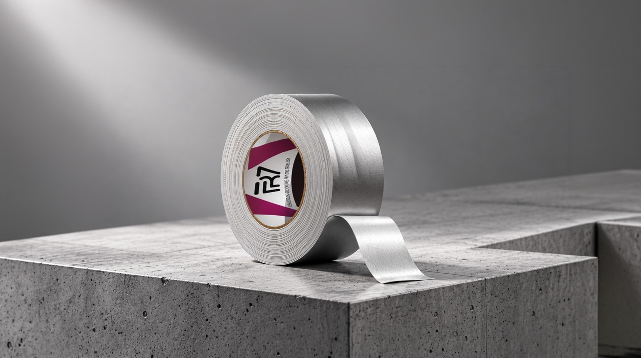FR7 silver duct tape roll with a strip unrolled across a concrete block