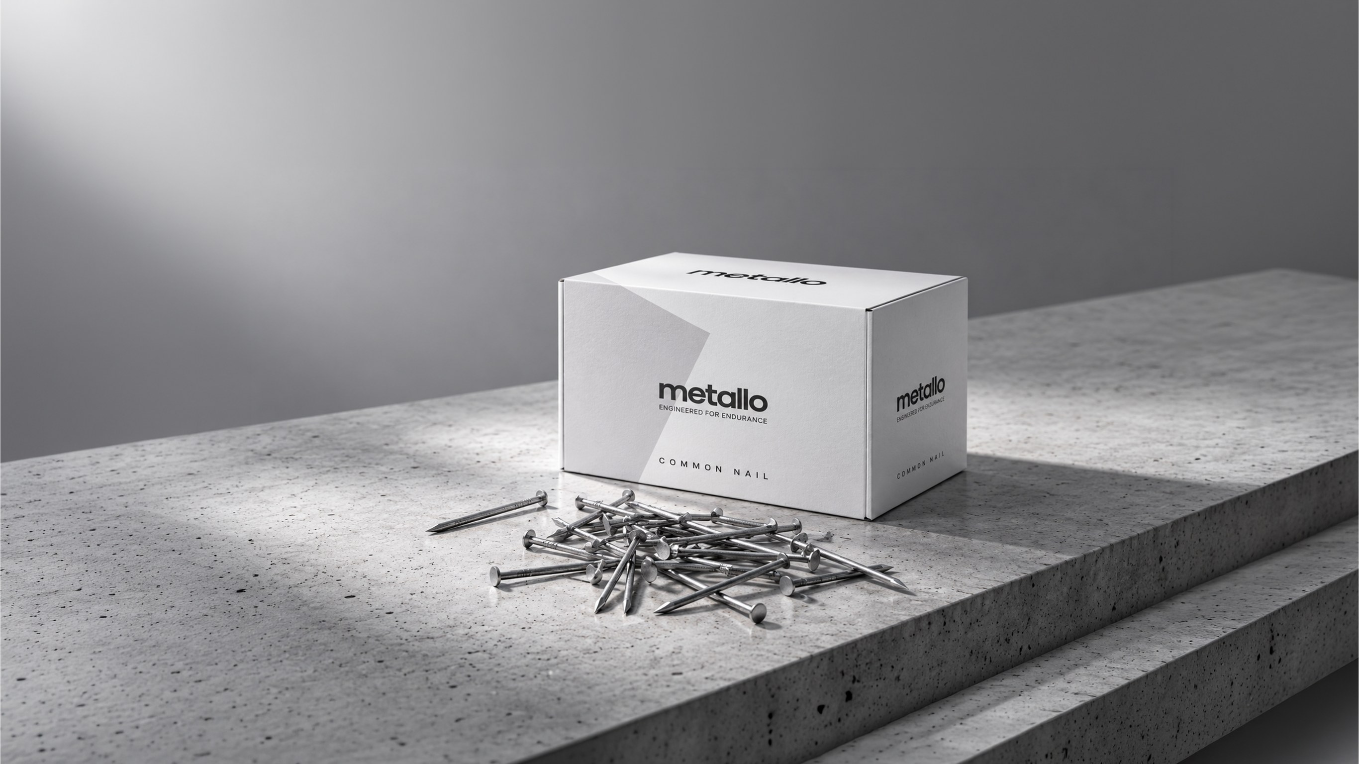 Metallo common nail box with loose steel nails on a concrete ledge