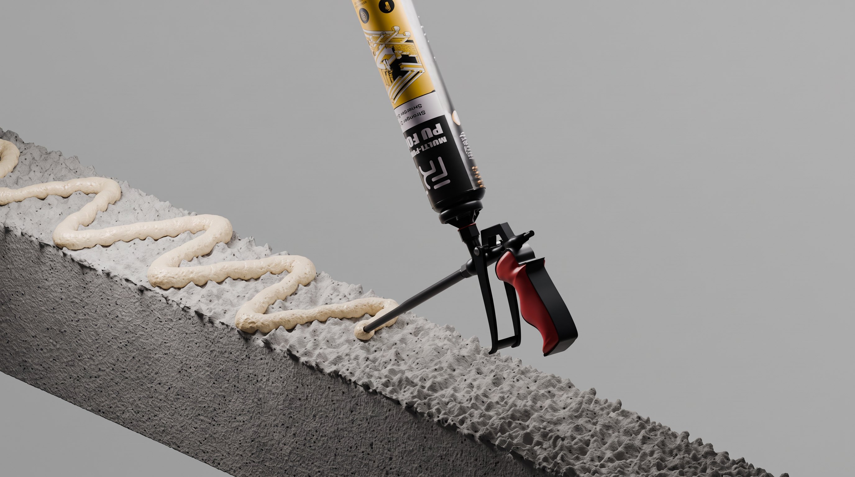 PU foam can on a foam gun laying a bead of foam on a concrete beam