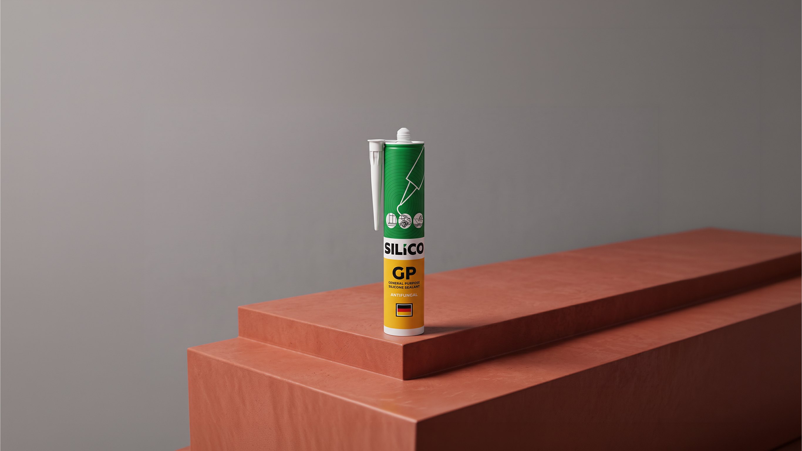 Silico GP silicone sealant cartridge on a terracotta step