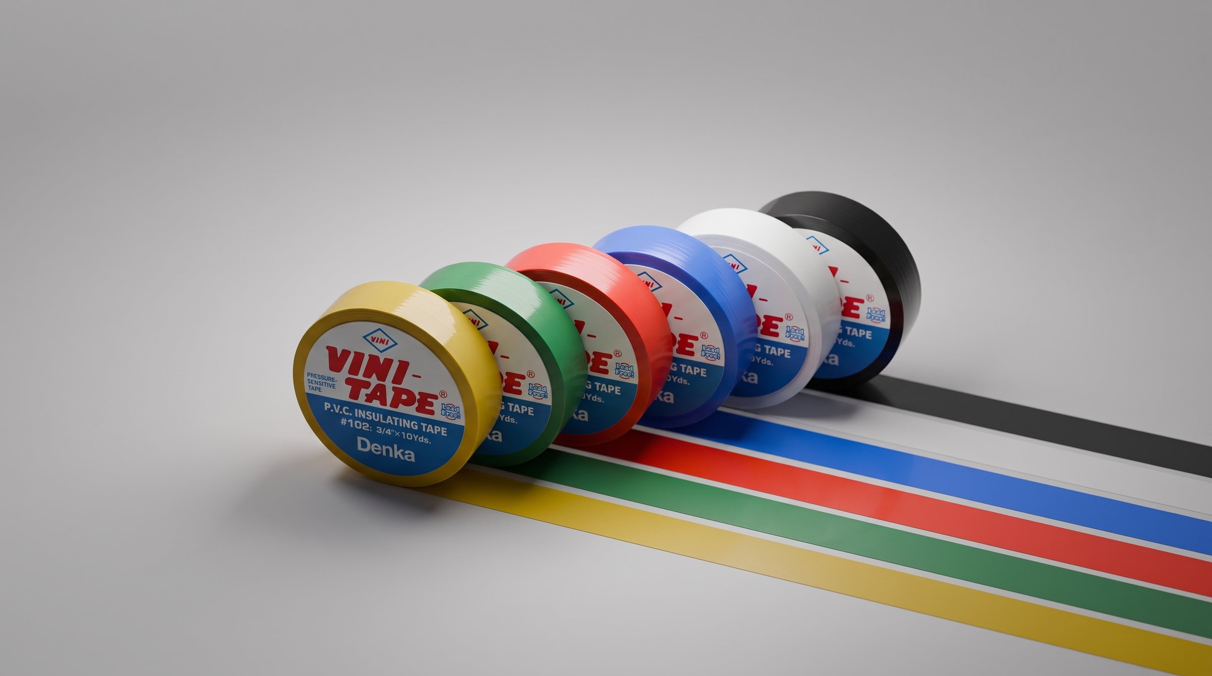 Six Vini Tape rolls in a row, yellow to black, with tape strips unrolled