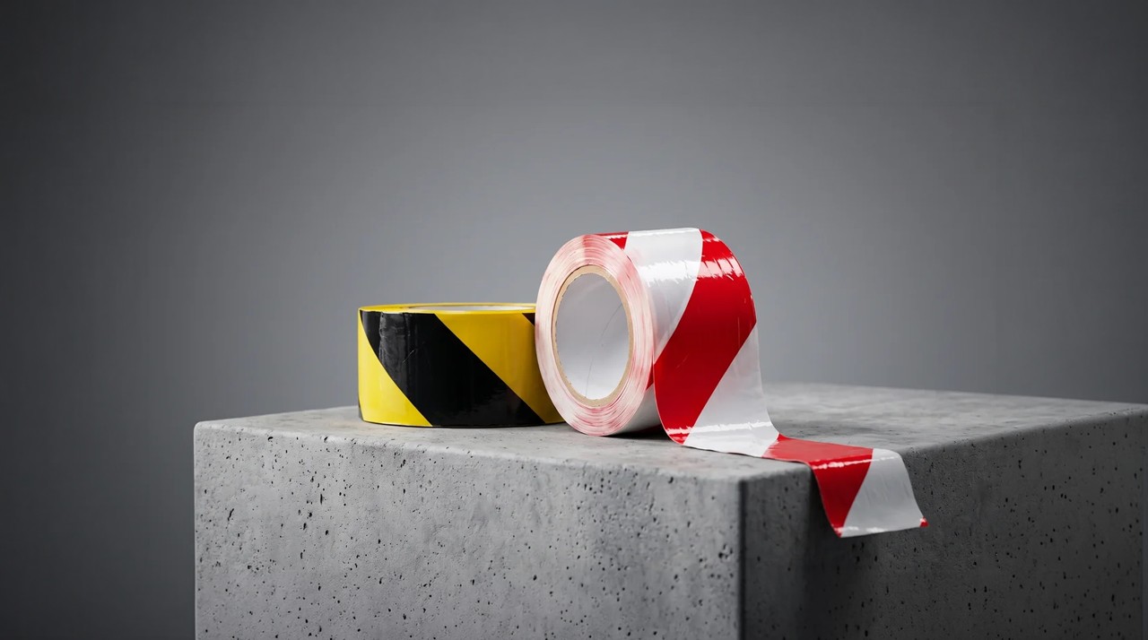Yellow-and-black and red-and-white warning tape rolls on a concrete block