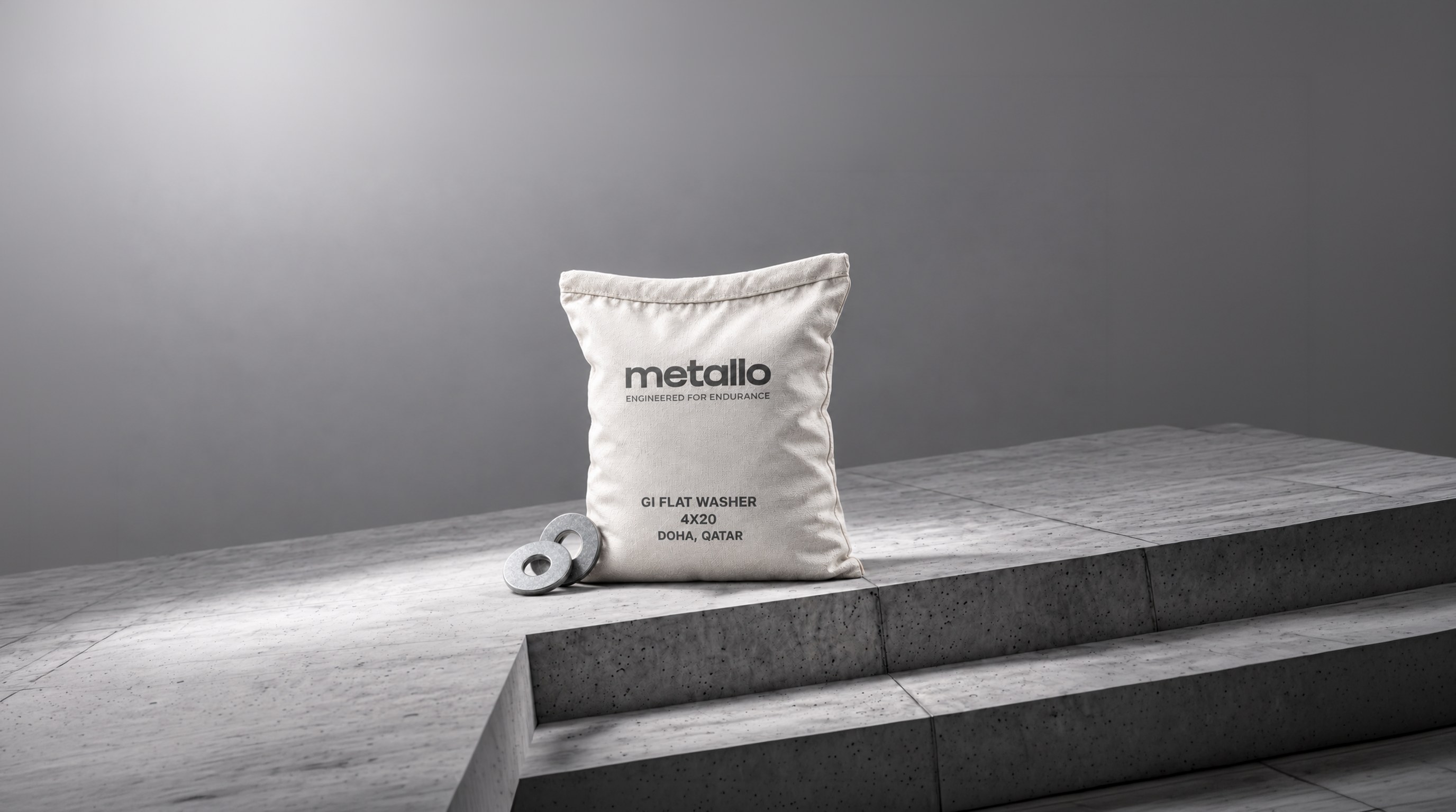 Metallo GI flat washer bag with two galvanised washers on concrete steps